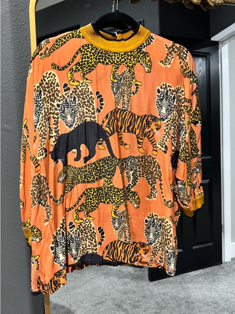 Anthropologie Orange Animal Print Pullover with Yellow Trim